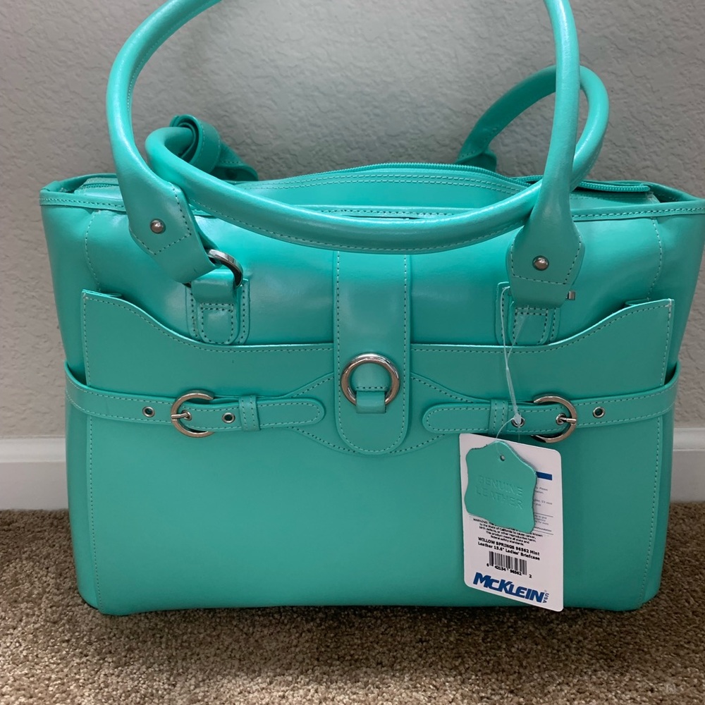 Genuine leather briefcase laptop bag mint green. New with tags. Originally $128